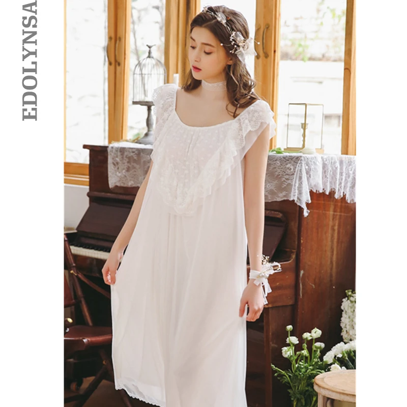 2019 Викторианский стиль медовый месяц рубашки Элегантный кружево Ruffed сорочка халат женская ночная одежда домашнее платье хлопковая ночная
