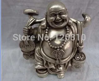

China Silver YuanBao Coin RuYi Fu Happy Laughing Maitreya Buddha Bronze Statue