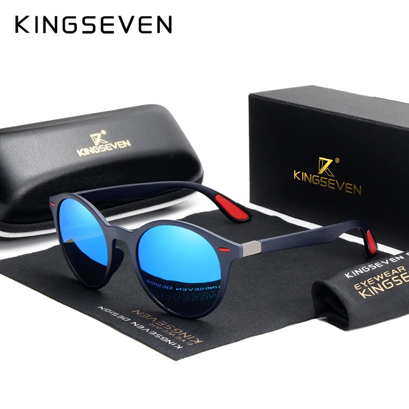 Goede KINGSEVEN ONTWERP mannen Bril Ronde Gepolariseerde Zonnebril voor Mannen en Vrouwen TR90 Vintage Unisex Goggles Oculos De Sol