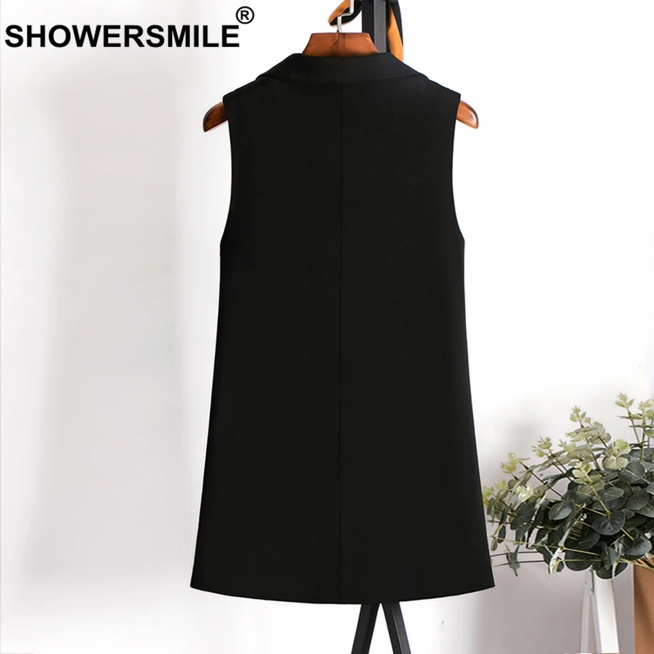SHOWERSMILE Ladies Waistcoat Black Long Sleeveless Vest For Women Office Elegant Gilet Female Spring One Buttuon Clothing 2019