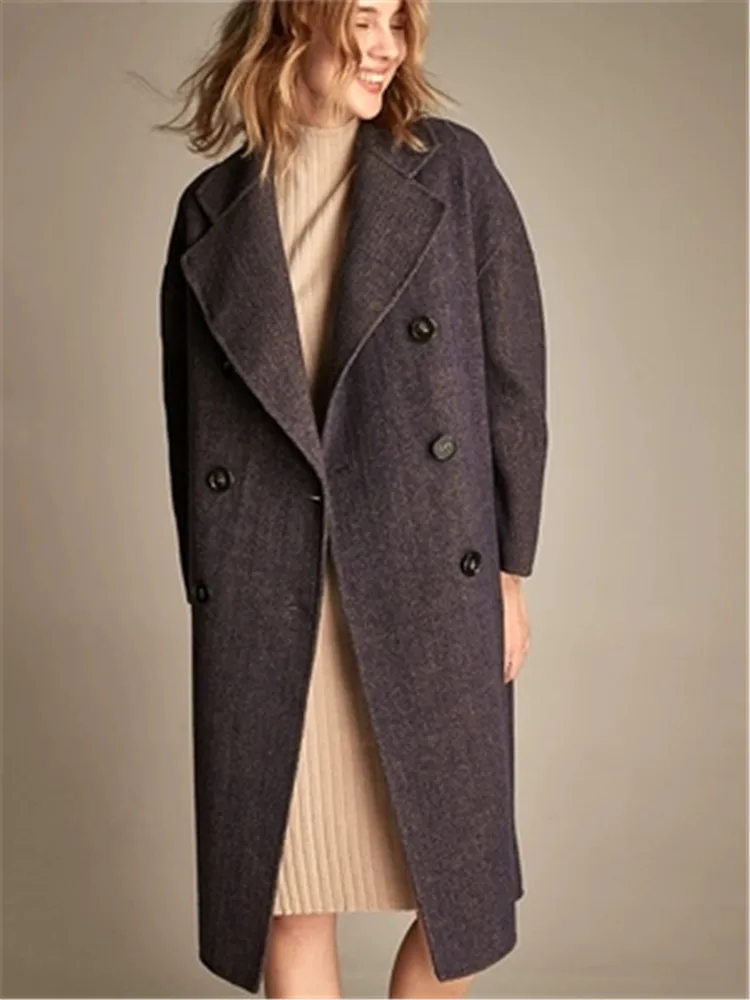 Ручная работа из чистой шерстяной ткани для женщин, модное двубортное длинное пальто средней длины с большим отложным воротником, S-L
