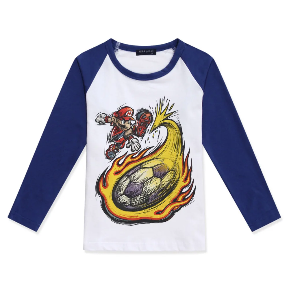 Новинка года; футболки для мальчиков; Детские футболки с длинными рукавами; топы; Футболка с принтом «Супер Марио»; детская хлопковая Футболка; детская одежда для девочек - Цвет: Blue