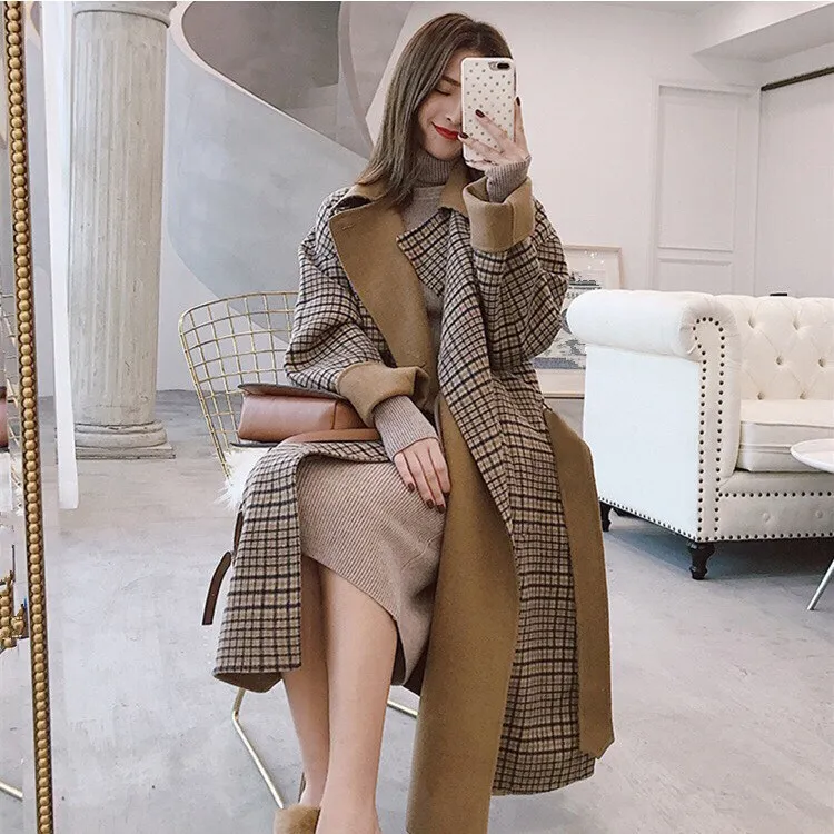 Winter Long Sleeve Wool Coat Women Europe Style Plaid