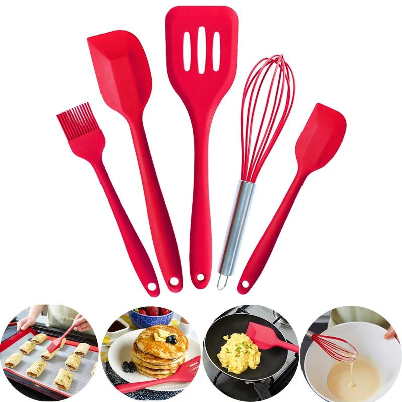 

Memokey FDA Approved Silicone Cooking Tools Silicone Kitchen Utensils Set (5 Piece) in Hygienic Solid Coating B