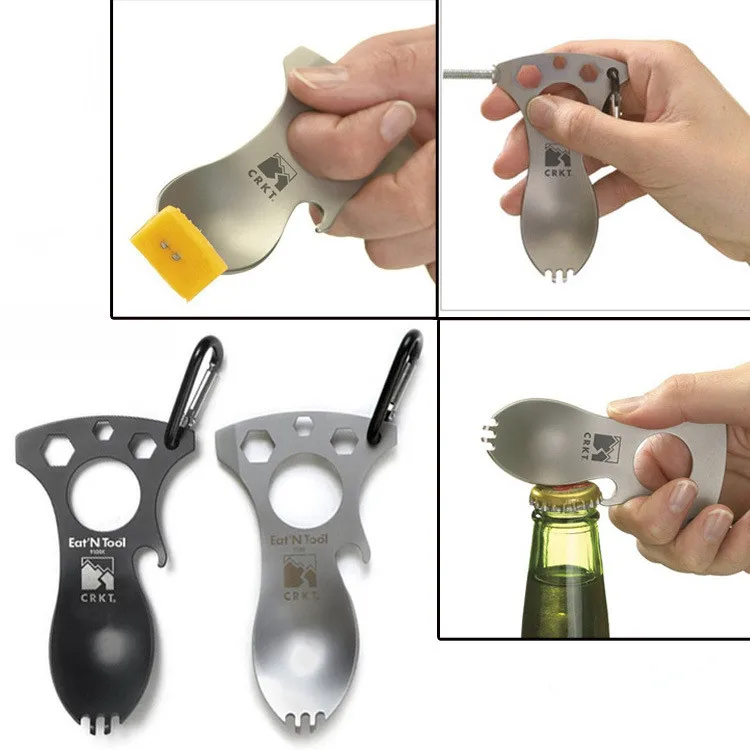 

EDC Outdoor Camping Steel Spoon Tableware Kit Cookware Picnic Cooking Pocket Bottle Opener Spork Screwdriver Survival Hiking