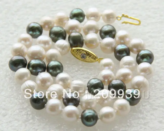 

huij 001938 Wonderful ! 9mm near round white dark green pearls necklace