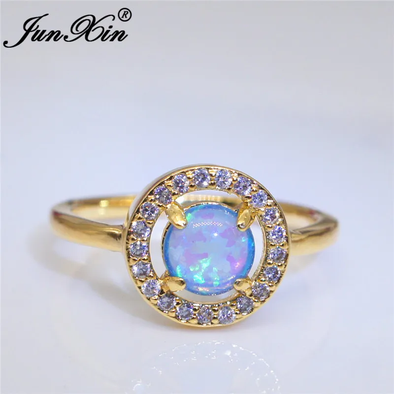 JUNXIN Fashion Pink/Blue Fire Opal Rings For Women Men Rose Gold Filled Round CZ Rainbow Stone Crystal Wedding Rings For Couples