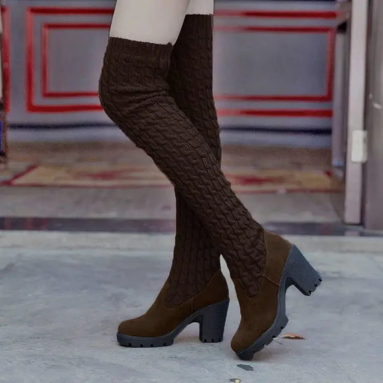 NEW Women Boots Autumn Winter Ladies Fashion Flat Bottom Boots Shoes Over The Knee Thigh High Knitting Wool Long Brand