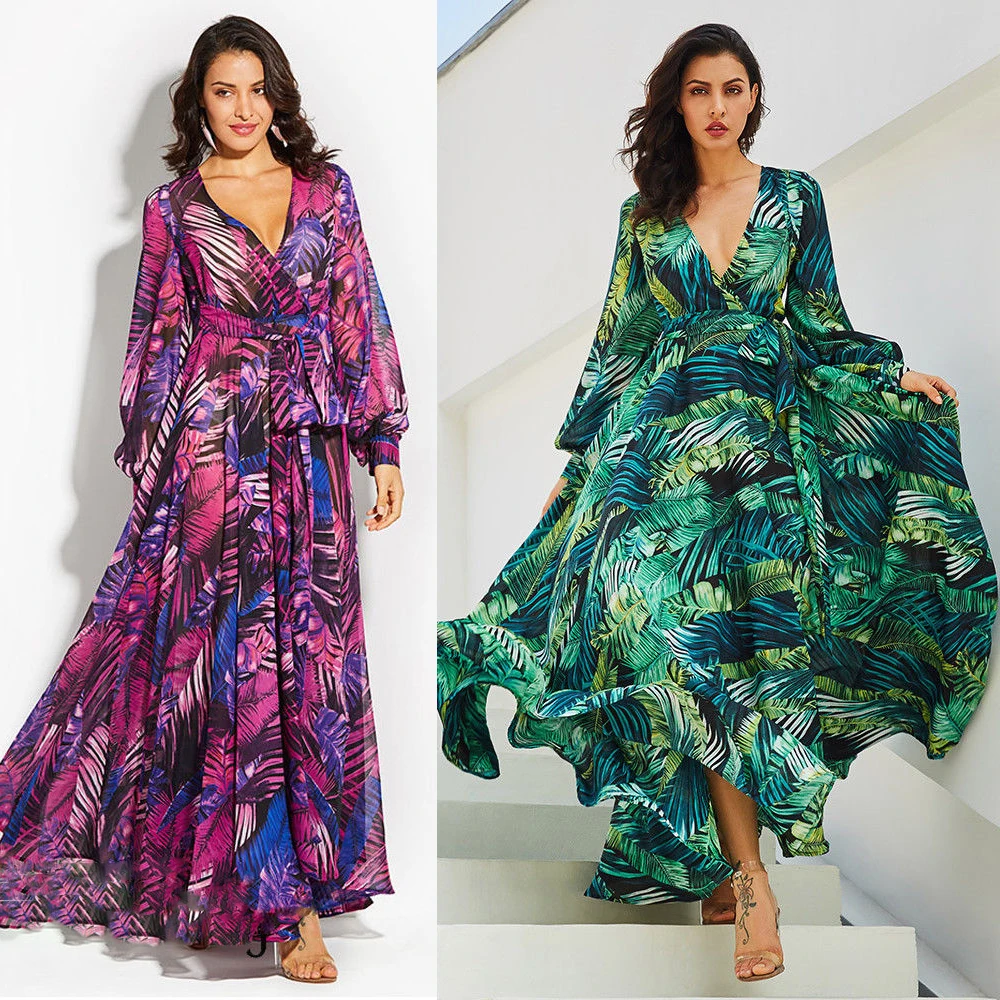 

2018 New Women Long Sleeve Dress Beach Vintage Maxi Loose V Neck Belt Lace Up Dress Fashion Clothes Plus Size S-XXL