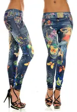 Women Fashion Sexy Flower Print Leggings High Waist Softener Leather Jeans Elastic Thin Denim Pencil Pants Summer B1 A50