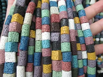 

wholesale 2stands 8-16mm Rainbow Lava volcanic gem Cube Box Square White ivory white yellow red blue assorted lava stone beads