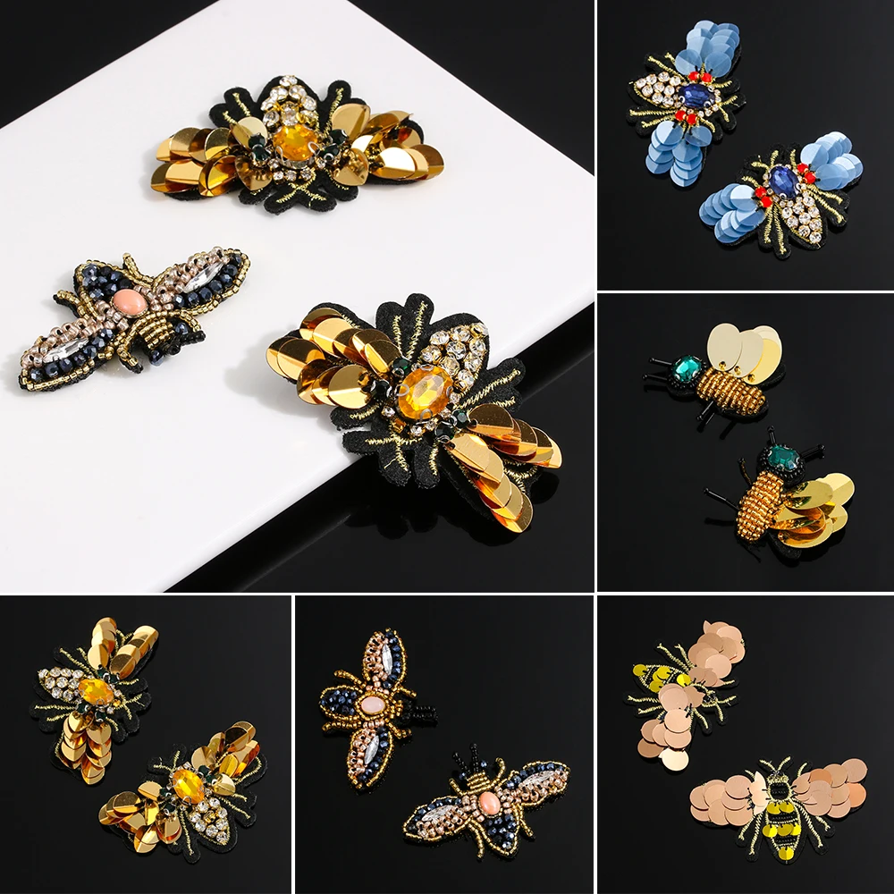 5pcs Handmade Rhinestone Beaded Sequin Patches Sew on Crystal Applique Patch