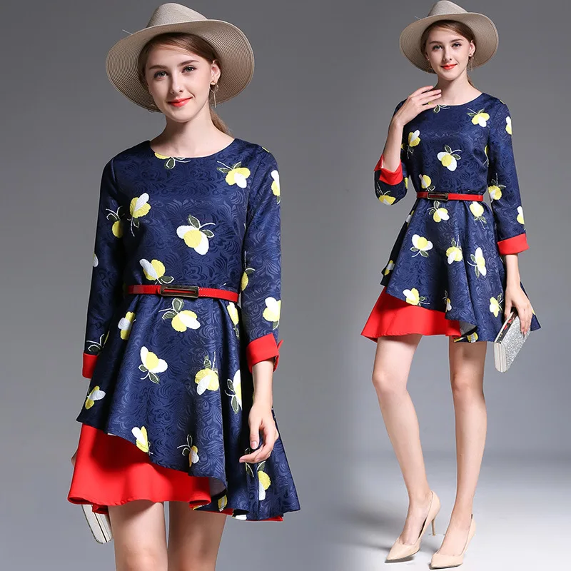 Winter contrast color mosaic print temperament dress slim a word cute blue dresses outfits