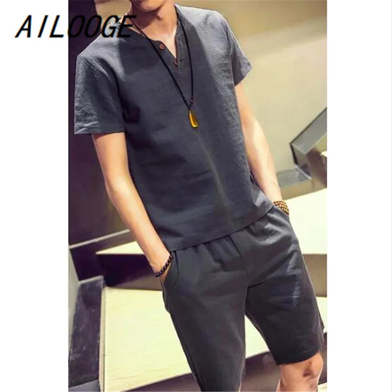 AILOOGE T-shirt casual breathable short-sleeved T-shirt + shorts Chinese summer 2018 new men's fashion Men's Sets