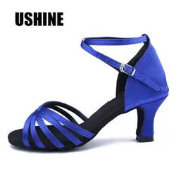 USHINE WZJ каблук 7 см/5 см Zapatos De Baile Latino Mujer синий атласные Танго Латинской сальсы Обувь для танцев для для женщин