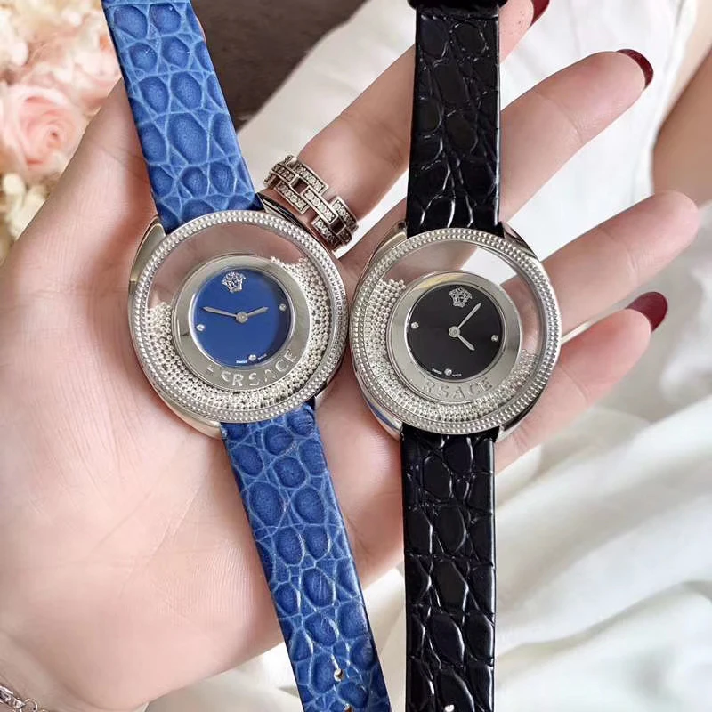 

Genuine Leather watchband Human head pattern with zircon Quartz Wristwatch Floating beads Round Dial watch clock for women