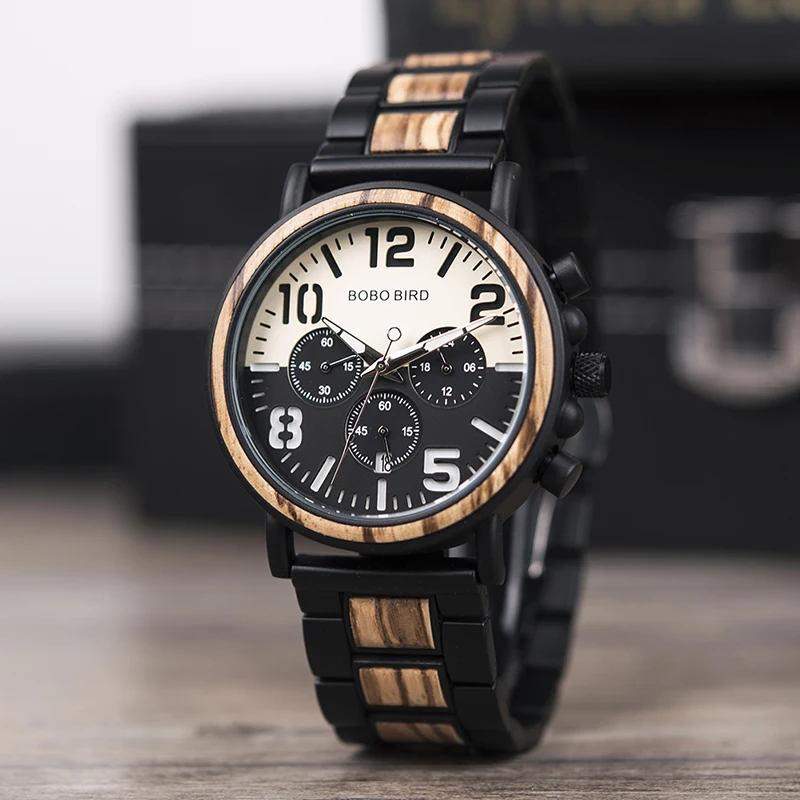 BOBO BIRD Men Watch Wood Chronograph Watches for Man Luxury Design Metal Wooden Idea Gifts Custom Clock Dropshipping C-nR25
