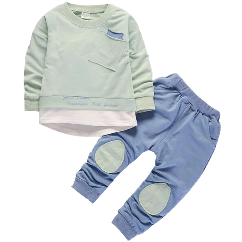 Модные детские весенне-осенние хлопковые футболки с длинными рукавами для мальчиков и девочек, футболка+ штаны, 2 предмета, Лоскутная Одежда для детей 1-5 лет