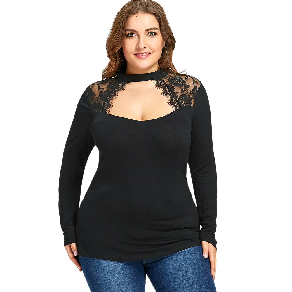 

Wipalo Women Plus Size Lace T-Shirts Insert Keyhole Tops Spring Autumn Long Sleeves Black Tees Shirts Cut Out Slim Top 5XL