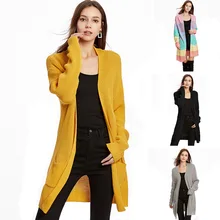 Осень и зима женский вязаный свитер кардиган свободный однотонный в полоску длинный рукав куртка размера плюс желтый черный серый