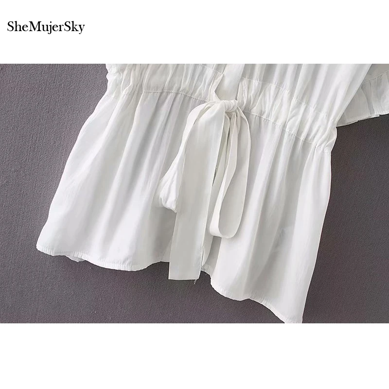 SheMujerSKY mujeres blanco Blusa de gasa Turn-down Collar Batwing manga cintura Tops ropa mujer blusas SheMujerSKY mujeres blanco Blusa de gasa Turn-down Collar Batwing manga cintura Tops ropa mujer blusas