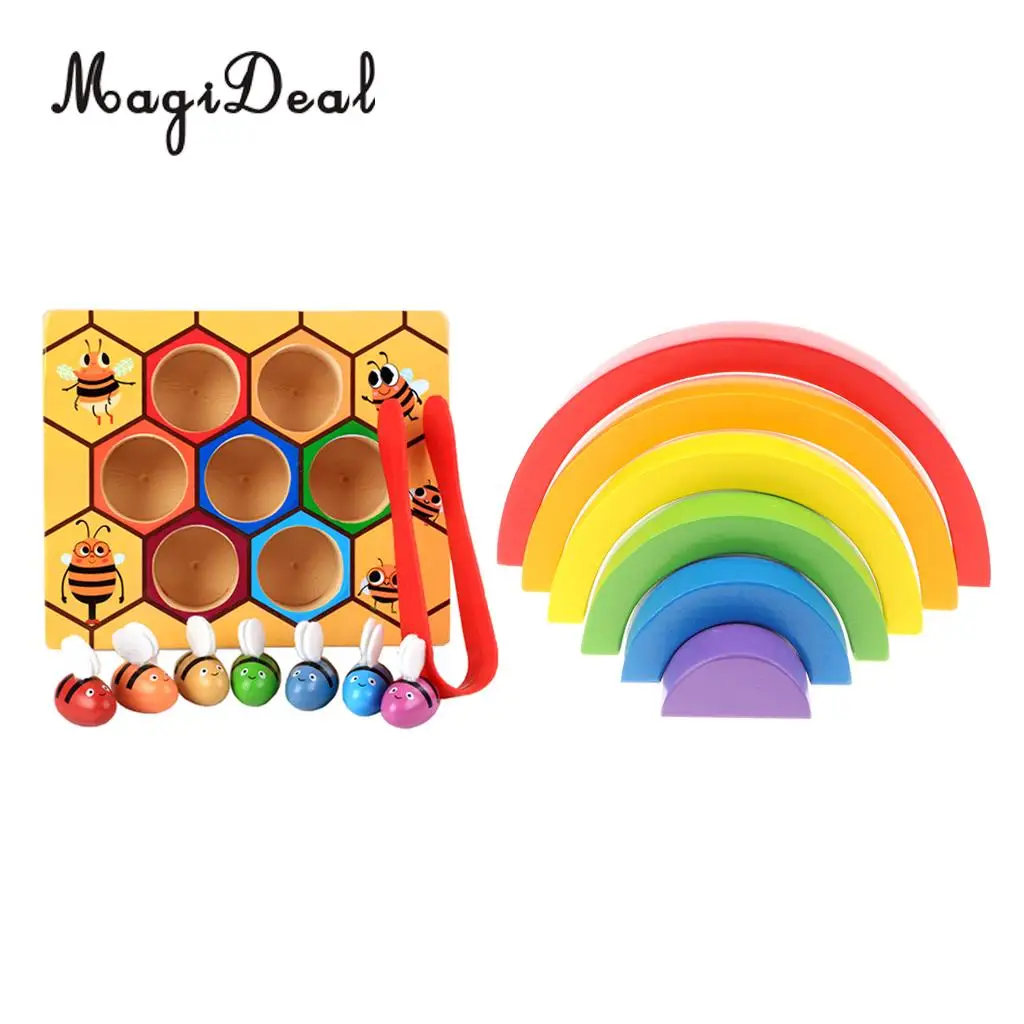 

Montessori Bee Cliping Box Set Rainbow Stacking Blocks Kids Wooden Toy Early Learning Color & Shape Cognition