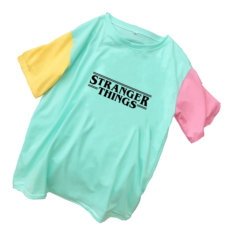 Women T Shirt Casual Stranger Things Letter Tshirt Mutlicolor Spliced Cotton Tee Shirt Femme Hipster Tumblr Female Harajuku Tops (1)