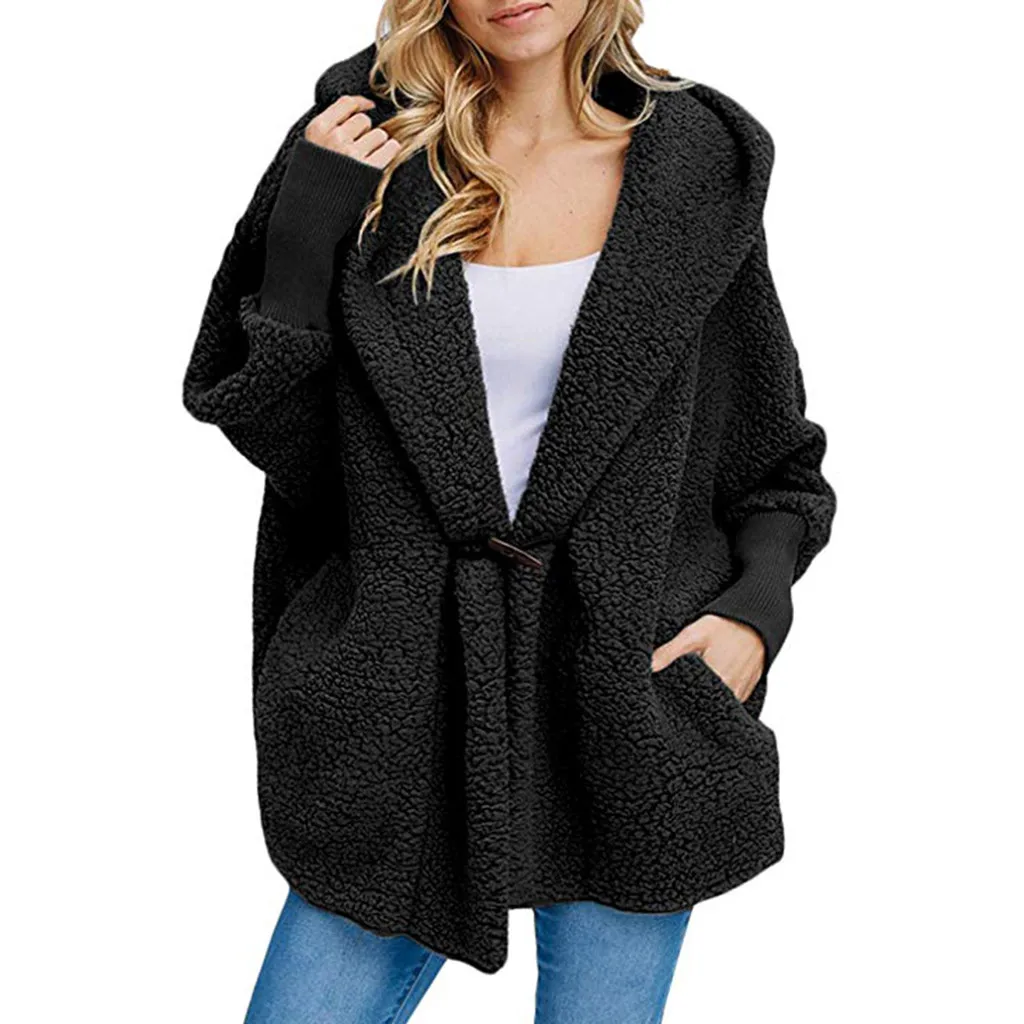 

Women's Fashion Button Pocket Winter Coat Womens solid color Jacket Ladies Long Sleeve Plush Hooded Coats abrigos de mujer