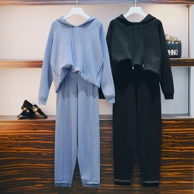 

Big Lady Solid Ruched Knit Hooded Collar Loose Sweaters Pullover Tops+Elastic Waist Knit Pants Women Spring Sets Plus Size L-4XL