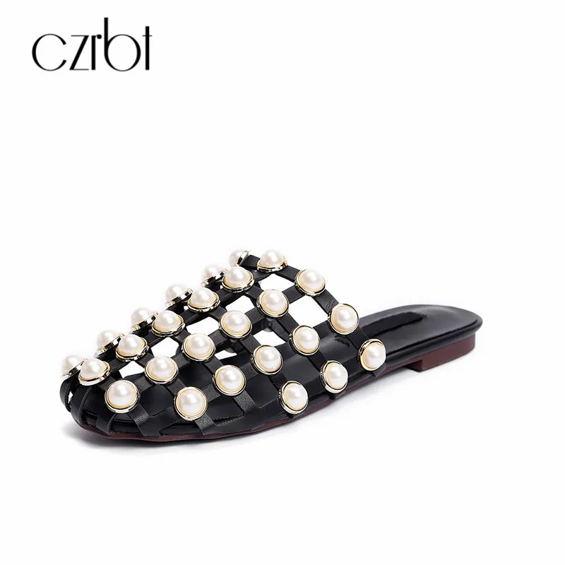 

CZRBT Pearl Decoration Women Flat slippers Genuine Leather Flat Shoes Outdoor Black Checkered Slippers Big Size Women Shoes