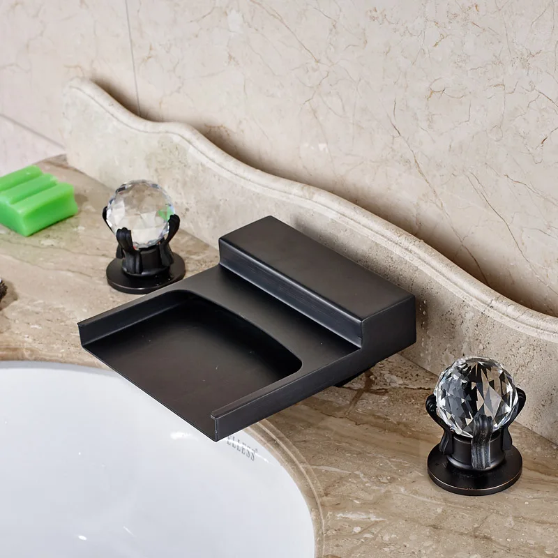 

Modern Wide Waterfall Spout Bathroom Basin Faucet Tap Two Cristal Handles Widespread Mixer Taps Deck Mounted