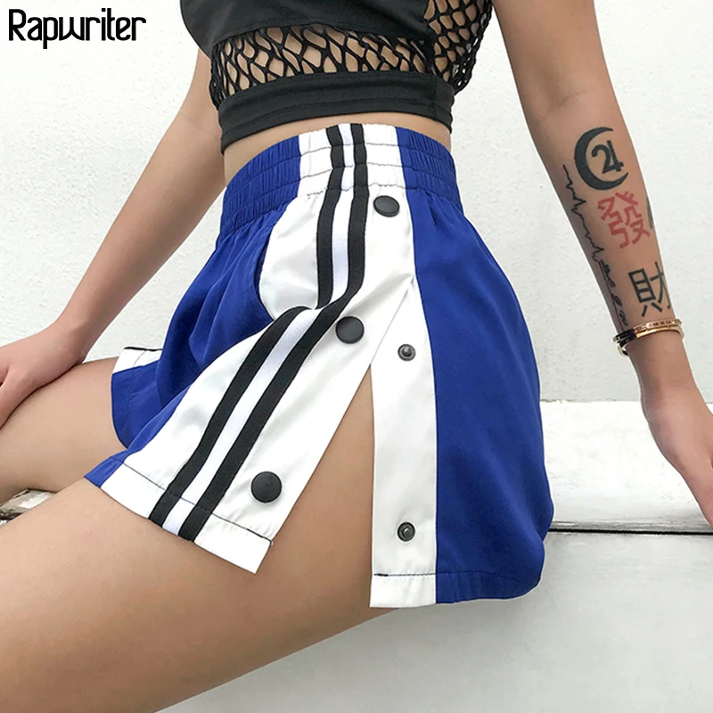 

Rapwriter High Street Side Panelled Striped Button Shorts Women 2019 Summer Streetwear Feminino Stretch High Waist Shorts