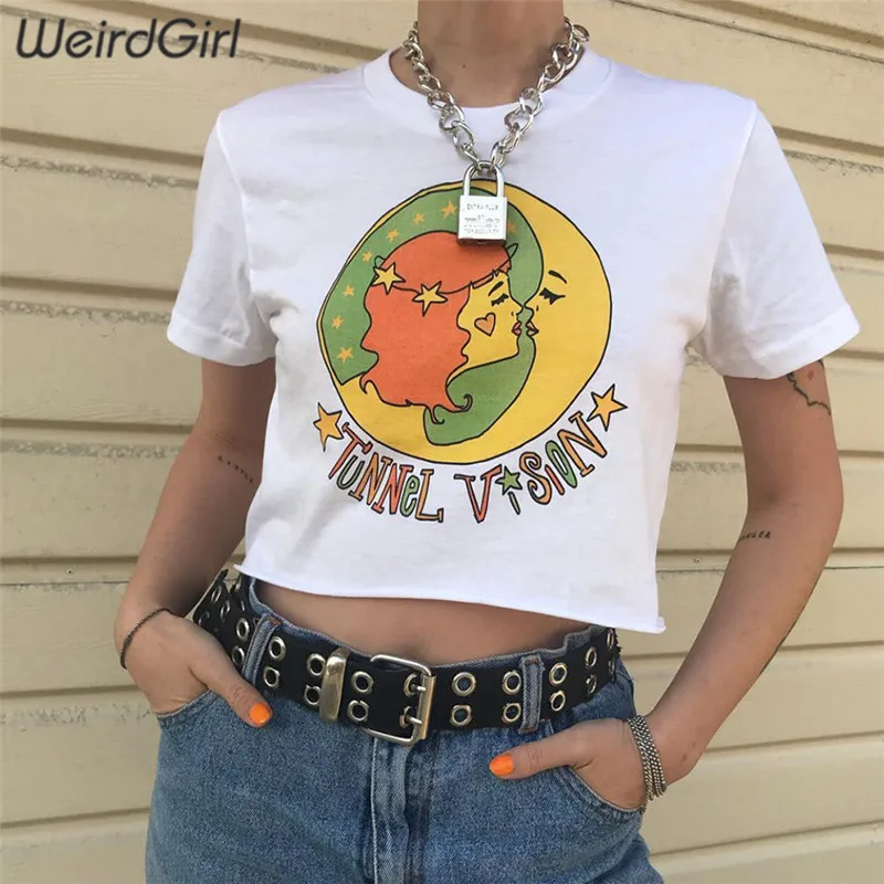 Weirdgirl المرأة الكرتون طباعة تي شيرت أز عارضة فام تيز س الرقبة قصيرة الأكمام فتاة فضفاض المحاصيل قمم الإناث قمم الصيف جديد