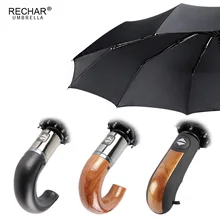 Business Leather Wood Handle Umbrella For Men 3Folding Automatic 10Ribs Strong Wind Resistant Big Rain Women Paraguas
