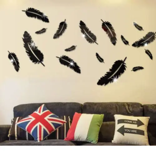 3D зеркало настенное Стикеры перо DIY искусство росписи дома номер Декор, акриловые наклейки - Цвет: Черный