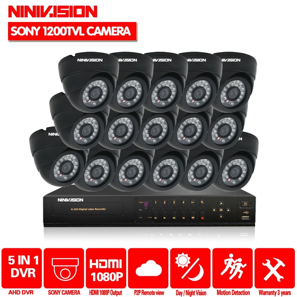 Домой 16-канальный AHD 1080 P 1080N видеонаблюдения DVR NVR с 16 шт. sony 720 P 1200tvl ИК- купол Черный камеры dvr kit 16ch системы видеонаблюдения