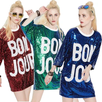 

Female Paillette Sequined Jazz dance stage Coat party Casual Loose DS Party Dancing Show T Shirt Design Women Hip Hop Cotumes