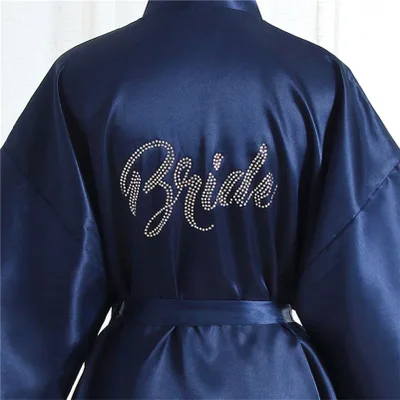 

Women Silk Satin Wedding Bride Robe With Silver Letter Solid Bathrobe Short Kimono Robe Night Robe Bath Robe Femme Dressing Gown