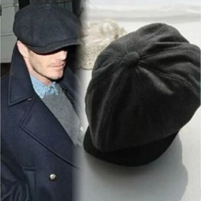 Черная шерстяная шляпа, Мужская кепка газетчика, однотонные модные теплые зимние Восьмиугольные шляпы, мужские и женские винтажные кепки