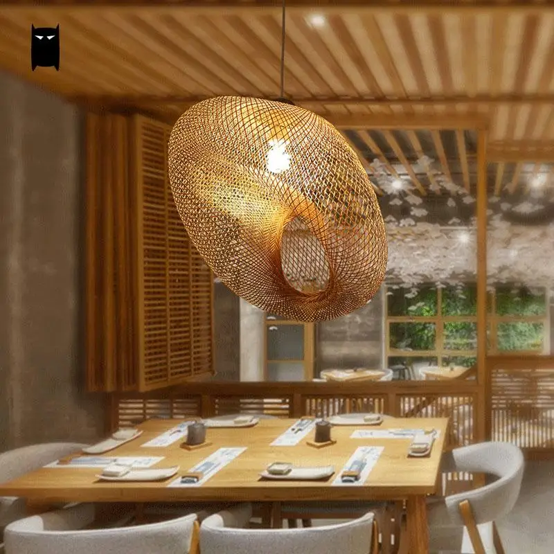 الخيزران الخوص الروطان موجة نجفة تركيب المصابيح ريفي خمر اليابانية مصباح تعليق المنزل داخلي طاولة طعام غرفة