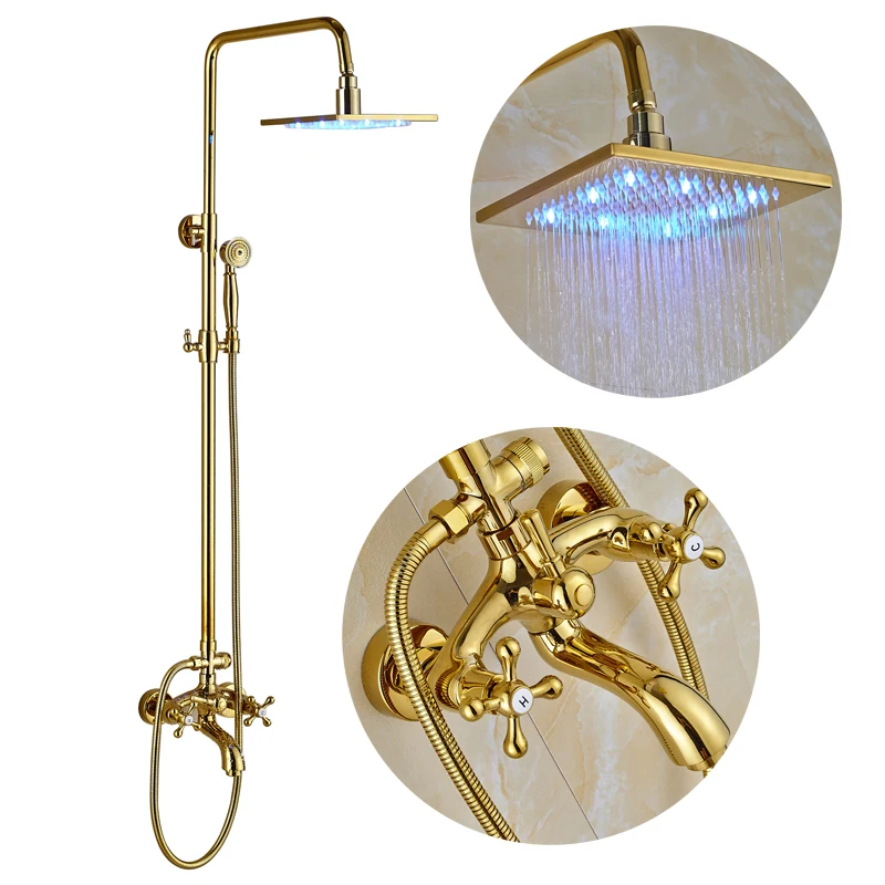 Golden Bathroom Shower Faucet Sets 10" LED Square Shower Head Bathub