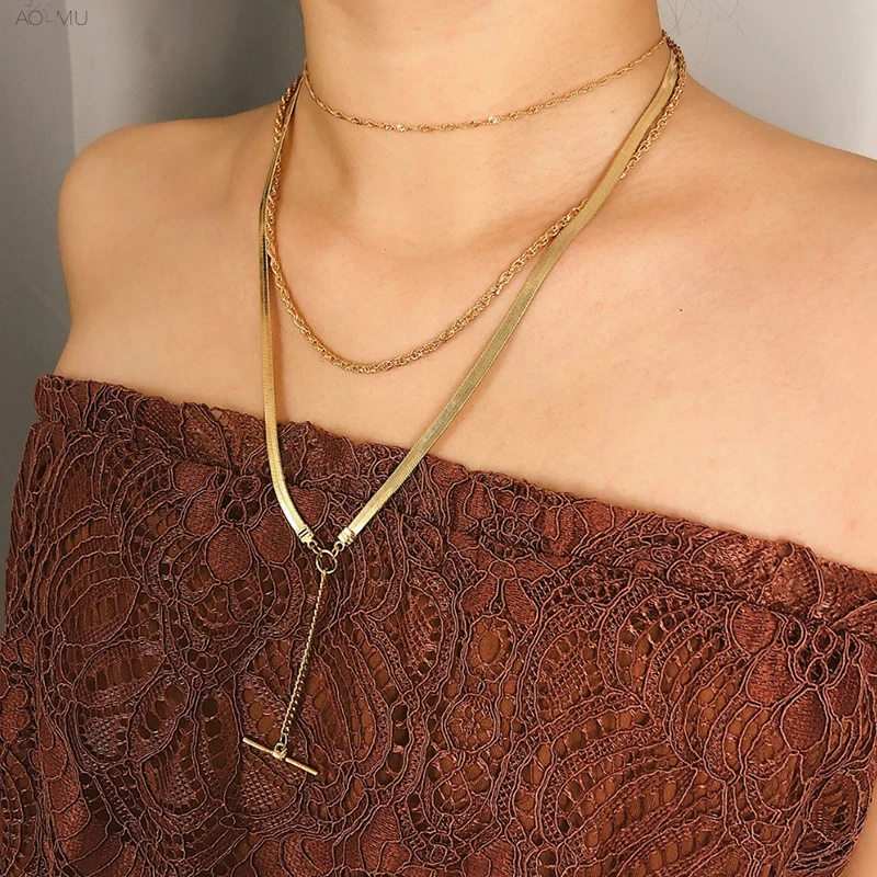 

AOMU 2019 New Simple Geometric Gold Metal Matte Coin Multi-layer Long Chain Choker Necklace Female For Women Party Beach Jewelry