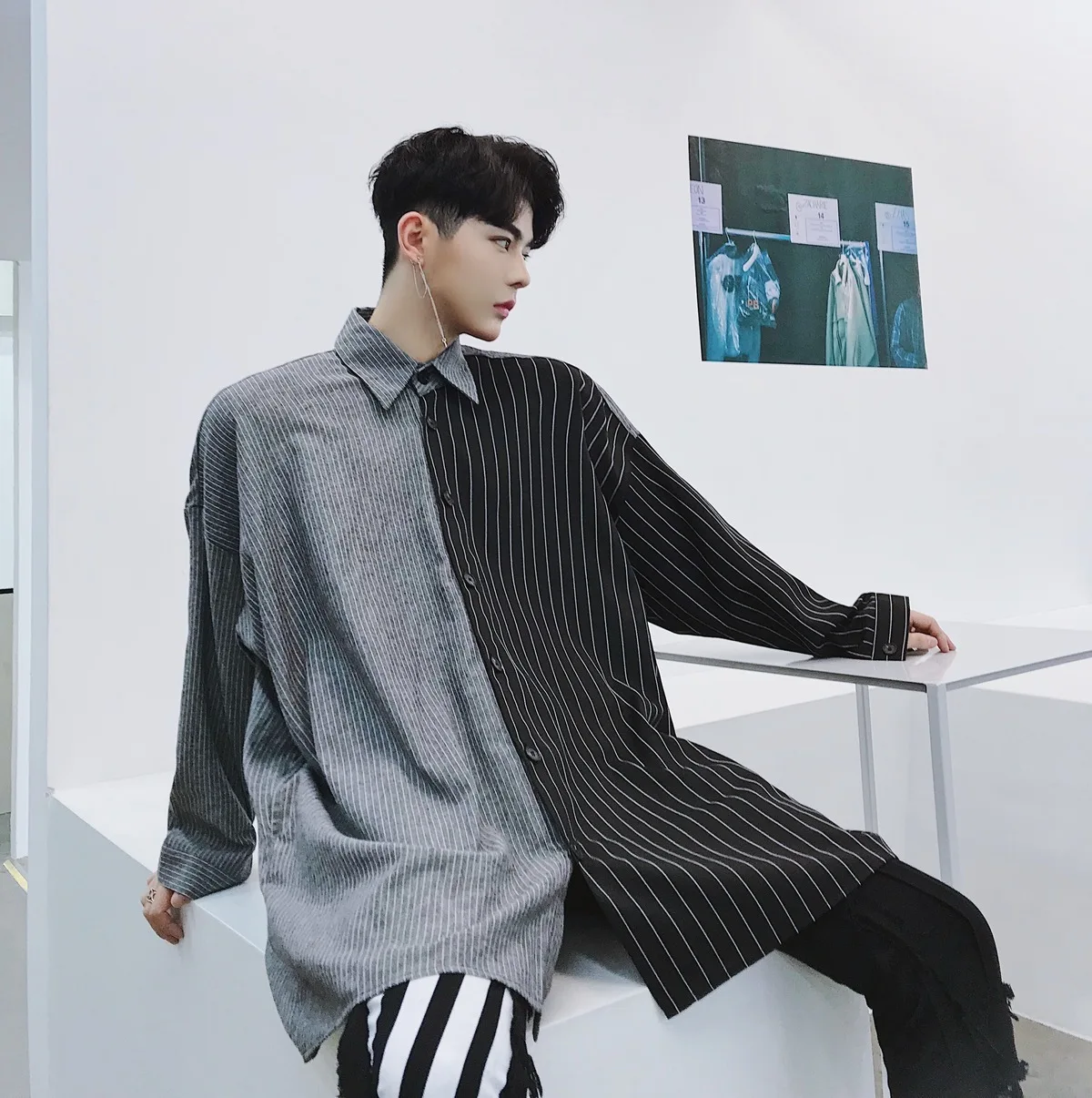 Lâche De Longues M Impression Revers Manches Noir Marée Motif Rayé Black À Chemises Couleur Hiver Taille Hommes 2018 Automne Nouveaux Mode Patchwork qIR7U7