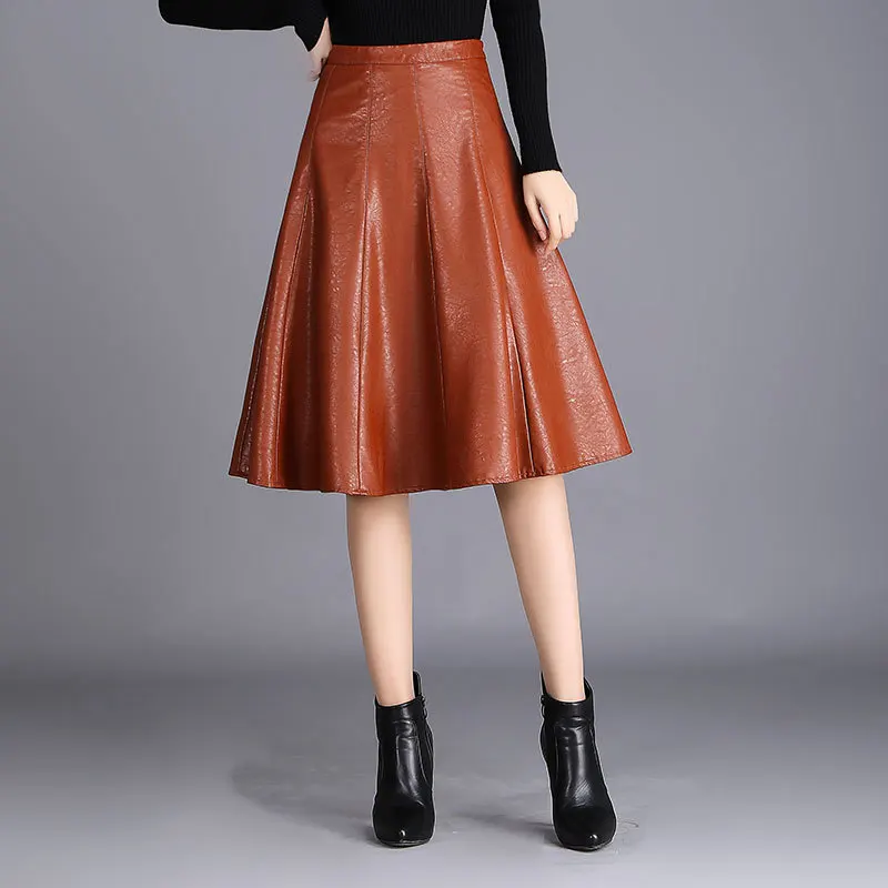 Зима осень Женская плиссированная юбка из искусственной кожи до середины икры с высокой талией, осенняя женская элегантная черная юбка 4xl
