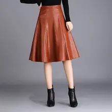 Зима осень Женская плиссированная юбка из искусственной кожи до середины икры с высокой талией, осенняя женская элегантная черная юбка 4xl