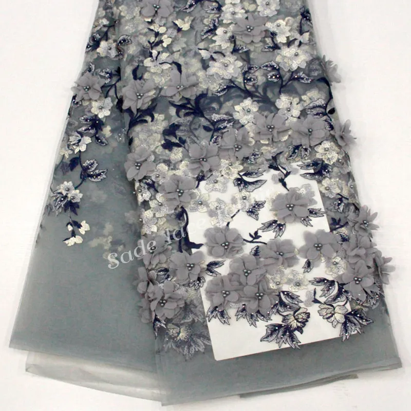 Роскошные 3D цветы Французский кружевной ткани для вечерние свадебные платья Кружева Королевский синий африканский нигерийский бисером кружевной ткани RG976