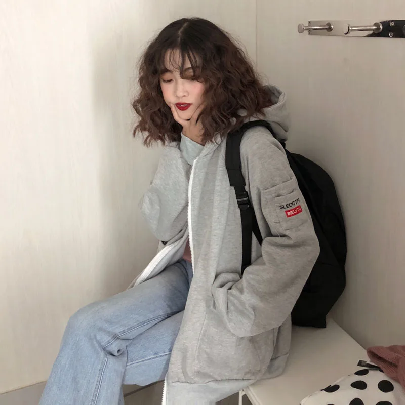 Hoodies Women Hooded Thicker Plus Velvet Solid Letter Embroidered Zip-up Pockets Loose Womens Hoodi