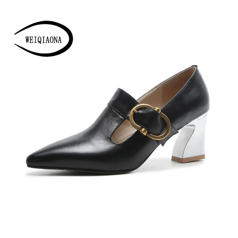 

WEIQIAONA New Women Shoes Fashion Spring Summer Genuine Leather Pumps Rome style pointed toe Metal budkle ladies high heel shoes