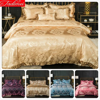 

Golden Flower Pattern Royal Luxury Bedding Set Adult Kids Soft Bed Linens Top Quality Full Queen King Big Size Quilt Duvet Cover
