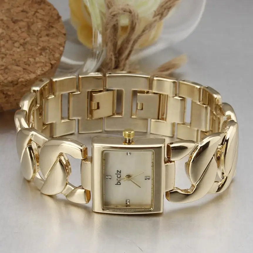 Новые женские модные роскошные часы-браслет, Кварцевые Золотые часы, прямоугольный чехол, Кристальный циферблат, стальной ремешок-цепочка, наручные часы